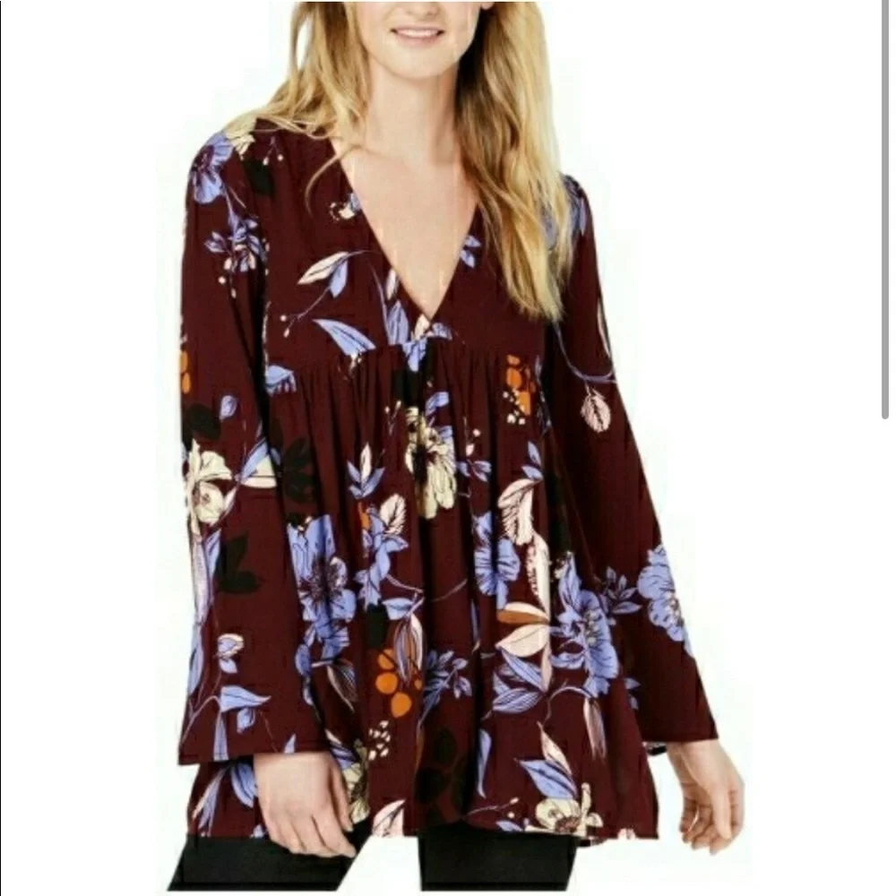 Free People Bella Floral-Print Tunic Mini Dress Purple Bell Sleeve V Neck